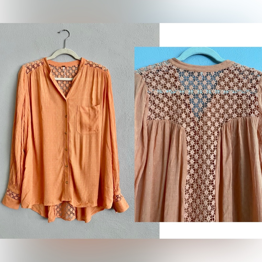 Free People Boho Top Size Small Cottagecore Orange Crochet Pattern Button Down